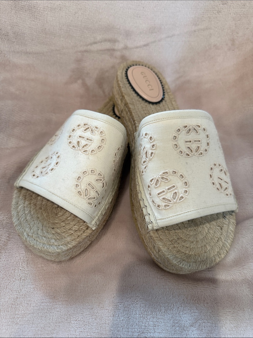 Gucci Cream Embroidered Espadrille Slide Sandals